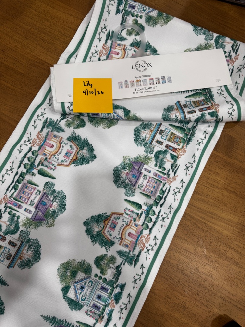 Lenox Spice Village Table Runner in White with Green Accents